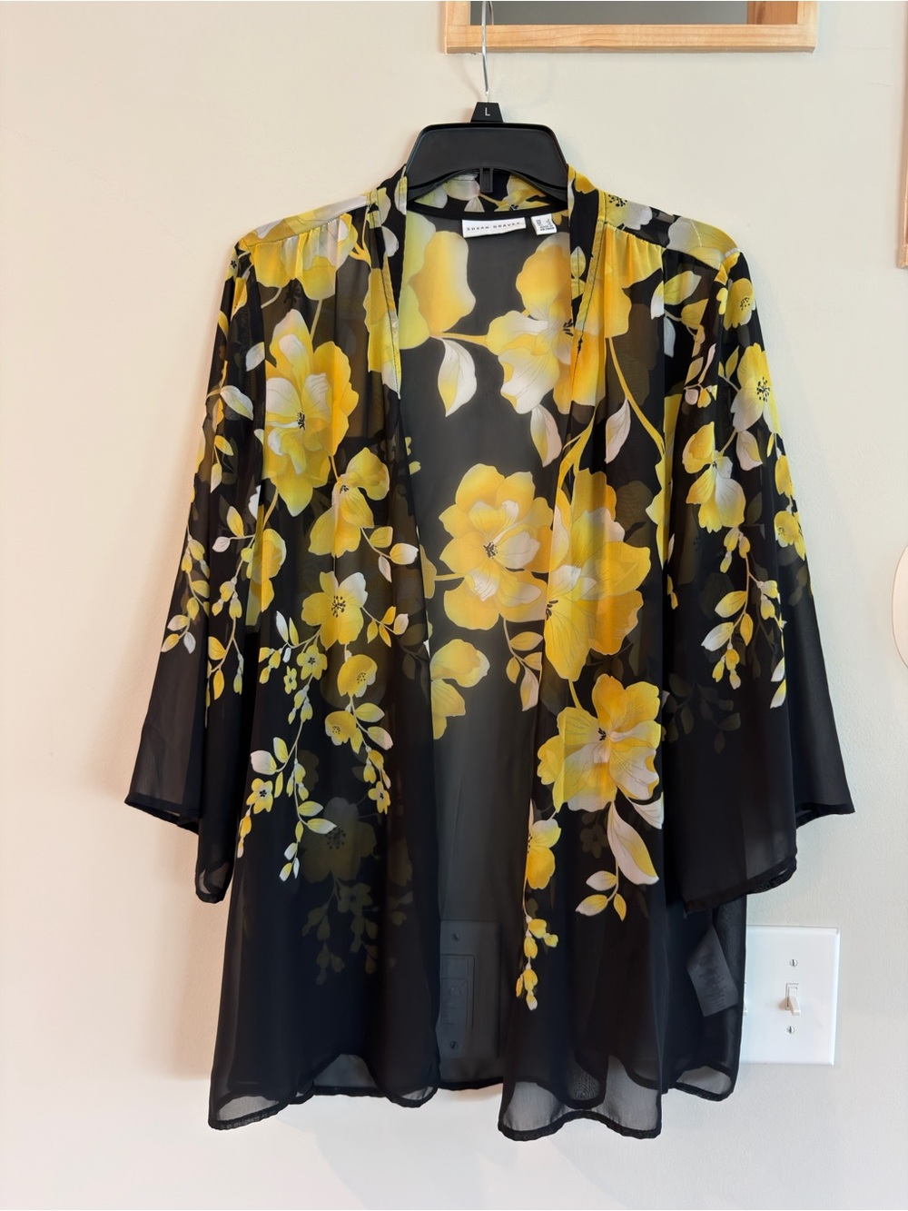 Susan Graver Black Sheer Kimono with Yellow Floral Print